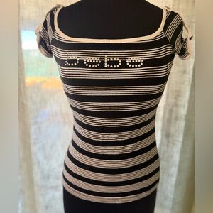 Bebe Black and White Striped Top with Rhinestone Detail